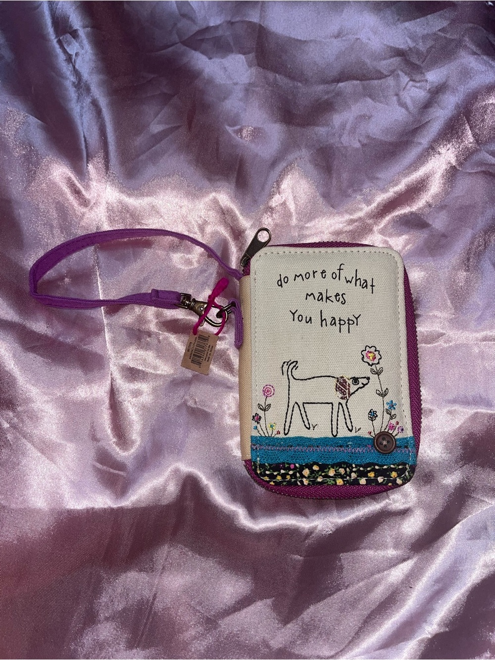 NATURAL LIFE Canvas Wristlet with Purple Strap and Pink Stitching